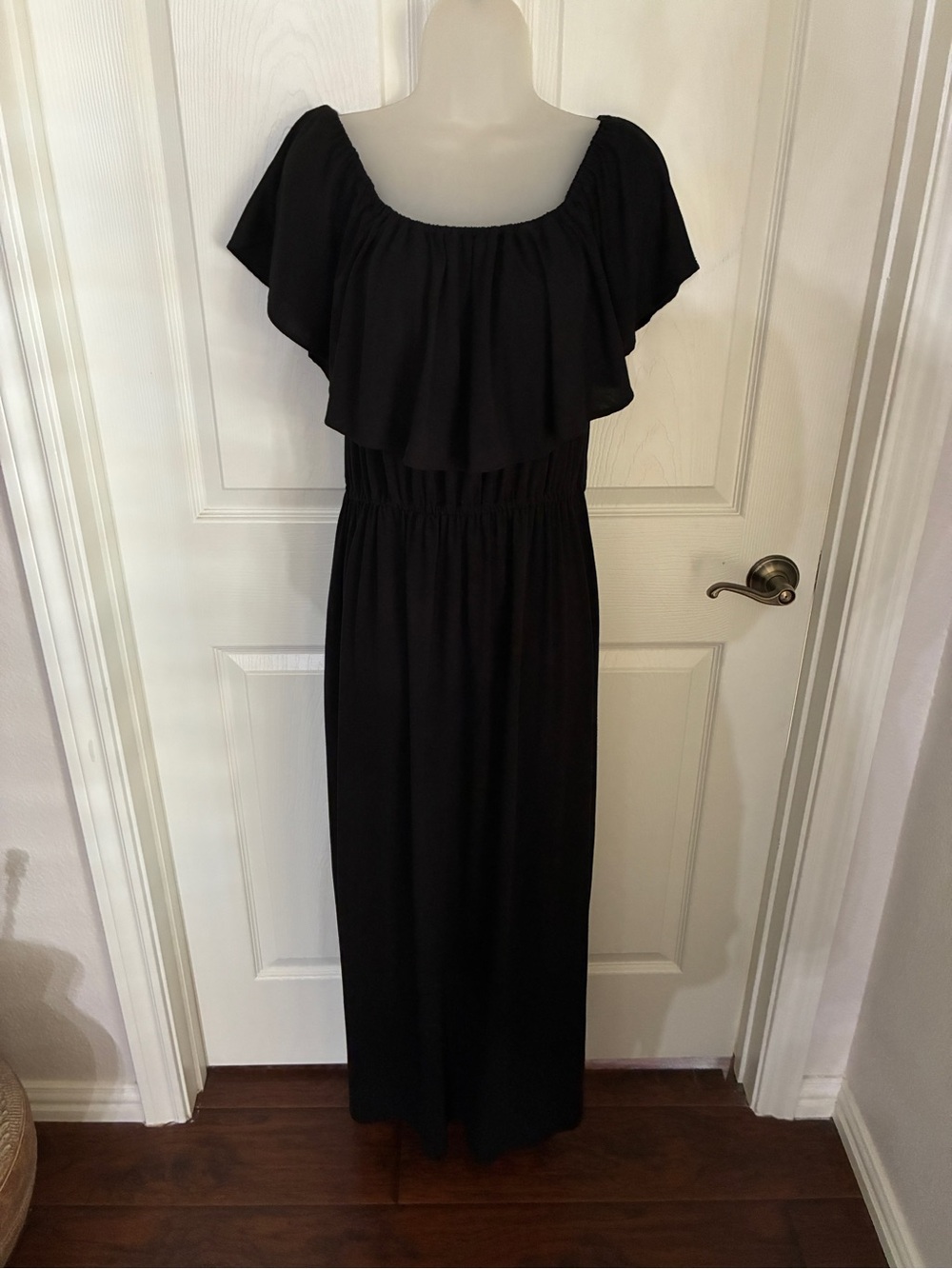 Black Off-Shoulder Maxi Dress with Ruffle Detail